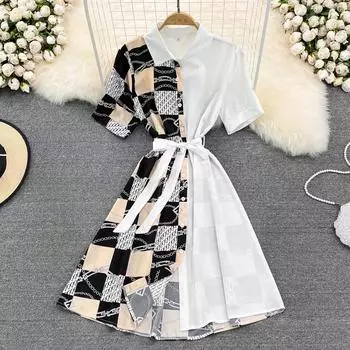 RUGOD Ретро клетчатое платье-рубашка средней длины с кружевной талией 2022 Лето Новое платье трапециевидной формы с воротником-поло и высокой талией