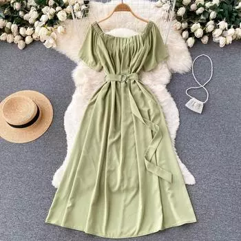 RUGOD Ретро литературное плиссированное платье с квадратным вырезом, темпераментное платье для перерыва на чай, нежное длинное платье с большой талией, платье трапециевидной формы