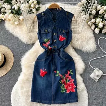 RUGOD Ретро литературный дизайн Sense трехмерная вышивка с цветочным принтом джинсовое платье женское летнее платье для похудения талии S синий