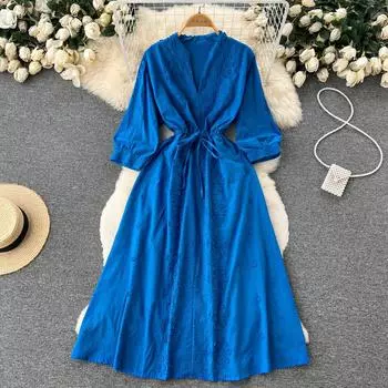 RUGOD ретро-платье с длинными рукавами в стиле Хепберн, новое платье трапециевидной формы средней длины с завязками на талии