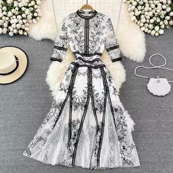 RUGOD Ретро-стиль женское элегантное длинное платье с высокой талией и тонким круглым вырезом на талии и тонким кружевом