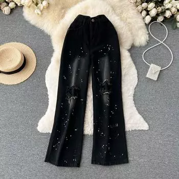 RUGOD Ретро свободные широкие джинсы женские летние тонкие нишевые модели рваные прямые брюки High Street