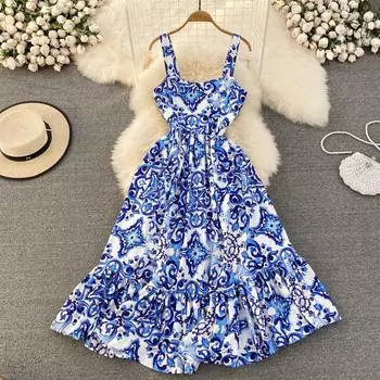 RUGOD Ретро Темпераментное сине-белое фарфоровое платье трапециевидной формы с принтом на талии в виде листьев лотоса Элегантное платье на подтяжках в морском праздничном стиле