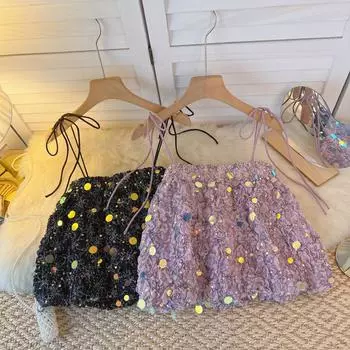 RUGOD Ретро Тщательная машина Короткая майка Женская верхняя одежда Верхняя одежда Летняя новая мода Темпераментный топ с блестками