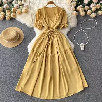 RUGOD Ретро возрастное платье в западном стиле, легкое и знакомое, с V-образным вырезом, пышными рукавами, с талией и тонким темпераментом