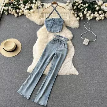 RUGOD Ретро возрастной джинсовый костюм, женский летний сексуальный жилет без рукавов с бретелькой на шее, тонкие микро расклешенные брюки с высокой талией