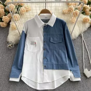 RUGOD рубашка с длинными рукавами, женская дизайнерская ниша с контрастной цветной строчкой, свободный джинсовый топ в стиле ретро, универсальный солнцезащитный топ One Size коричневый