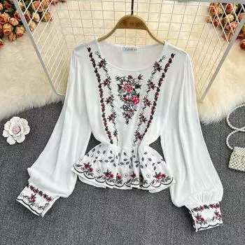 RUGOD рубашка с круглым вырезом в национальном стиле, женский литературный веер, свободный хлопок и лен, вышивка, цветок, ретро, лист лотоса, тонкий повседневный топ One Size синий