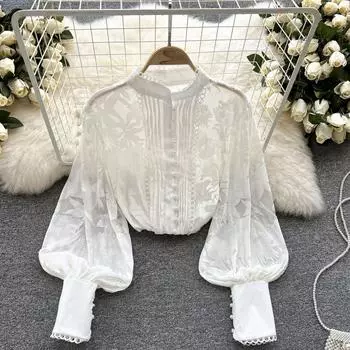 RUGOD рубашка с объемными рукавами, женская дизайнерская нишевая бархатная строчка, плиссированный универсальный топ с бусами для тяжелой промышленности, облегающий универсальный топ