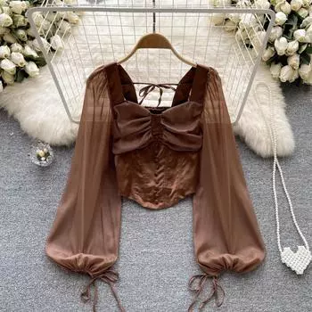 RUGOD Рубашка с рукавами-фонариками Осенняя женская короткая рубашка с квадратным воротником Красивая рубашка