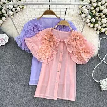 RUGOD, рубашка с трехмерным цветком и бисером, кукольный воротник, женская летняя новая свободная шифоновая рубашка с пышными рукавами