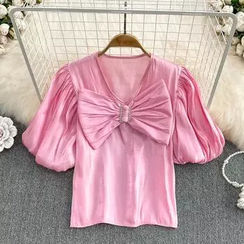 RUGOD RugodЖенственный пуловер с рукавами-фонариками на пуговицах и бантом, пуловер с v-образным вырезом, рубашка в западном стиле, шикарный короткий летний топ