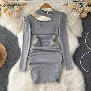 RUGOD С плеча Платье с длинными рукавами Осень Женская интрига Талия Плиссированное бедро Платье