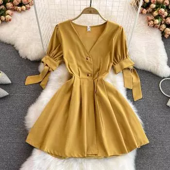 RUGOD Seaside Holiday Beach Dress 2022 Лето Новое платье трапециевидной формы с высокой талией и тонкими рукавами-пузырьками с короткими рукавами