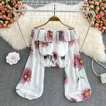 RUGOD Seaside Holiday Плечо Листья Лотоса Край С Открытыми Плечами Шифоновая Рубашка с Принтом Женская Закрытая Талия Топ С Короткими Рукавами Весна