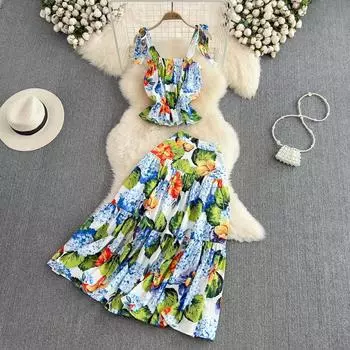 RUGOD Seaside модный костюм для отдыха женский сексуальный камзол с цветочным принтом из двух частей юбка средней длины с высокой талией