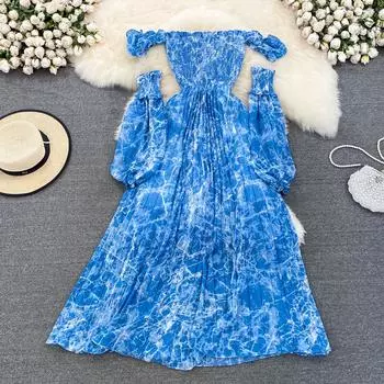 RUGOD Seaside Vacation Элегантное длинное платье с открытыми плечами и талией для похудения, плиссированное платье трапециевидной формы с принтом тай-дай