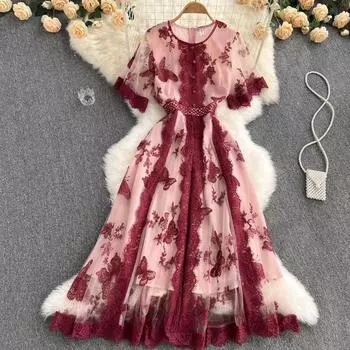 RUGOD Сетчатое кружевное платье с вышивкой бабочкой и круглым вырезом 2022, весна и лето, французское платье в стиле ретро, платье с оборками на талии