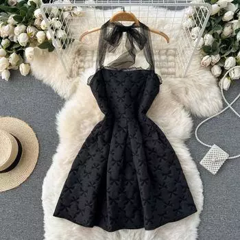 RUGOD Сетчатое платье феи с лямкой на шее и бретельками женское кружевное платье Pure Desire с черным бантом и жаккардовым пышным топом платье принцессы