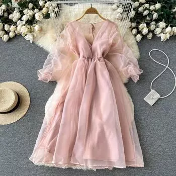 RUGOD сетчатое платье с v-образным вырезом, женское летнее женское платье в лесном стиле, женское платье средней длины с талией First Love