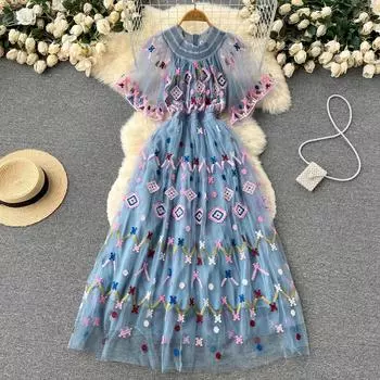 RUGOD Сетчатое платье с вышивкой в европейском и американском стиле для тяжелой промышленности, темпераментное платье с рукавами-трубой, высокой талией и тонким длинным платьем