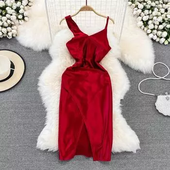 RUGOD сексуальное ацетатное атласное платье с v-образным вырезом на подтяжках, женское темпераментное облегающее и тонкое платье без рукавов с разрезом, летнее платье на бедрах