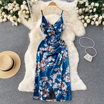 RUGOD Сексуальное бархатное платье с глубоким вырезом и v-образным вырезом в стиле ретро, темпераментное платье с застежкой на талию, тонкое платье на подтяжках с разрезом на бедрах