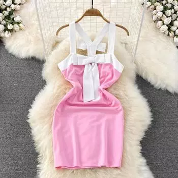 RUGOD сексуальное контрастное цветное шитье на бретелях с бантом, плотно облегающее и тонкое короткое платье на бедрах, летнее платье