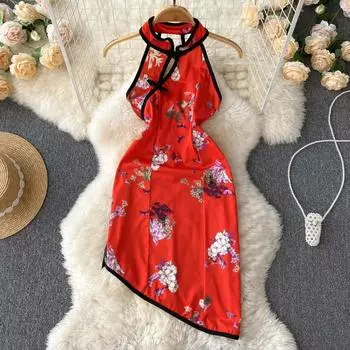RUGOD сексуальное платье Cheongsam в китайском стиле с принтом в стиле ретро и открытой спиной, сексуальное тонкое платье на бедрах для женщин