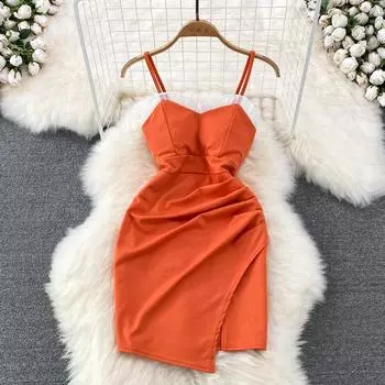 RUGOD сексуальное платье на подтяжках с v-образным вырезом, облегающее и тонкое, плиссированное, без рукавов, с открытой спиной, короткое летнее платье на бедрах