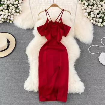 RUGOD сексуальное платье на подтяжках с открытой спиной, лето 2022, новая мода, тонкое утягивающее платье с разрезом и сумкой на бедрах