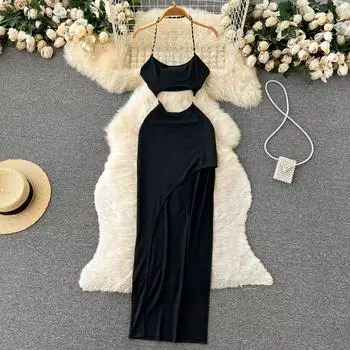 RUGOD сексуальное платье на подтяжках, осеннее женское платье нестандартной формы с сумкой, маленькое черное платье на бедрах