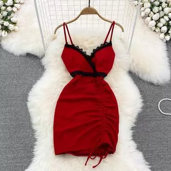 RUGOD сексуальное платье на подтяжках, летняя новая мода, кружевное платье с v-образным вырезом и кружевной строчкой, облегающее платье-рюкзак для похудения, платье на бедрах