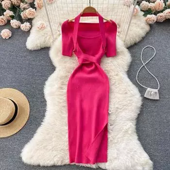 RUGOD сексуальное платье с открытыми плечами и воротником-халтер средней длины, лето 2022, новое трендовое трикотажное платье с нерегулярным низом и высокой талией One Size бежевый