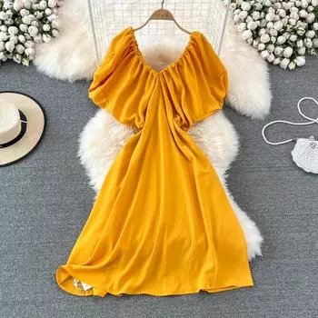 RUGOD сексуальное пляжное праздничное платье на море, летнее тонкое свободное желтое платье с v-образным вырезом и рукавами «летучая мышь» Хайнань Санья