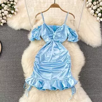 RUGOD сексуальное шелковистое атласное платье на подтяжках модное облегающее и тонкая сумка с рюшами на шнурке хип-платье «рыбий хвост» летнее