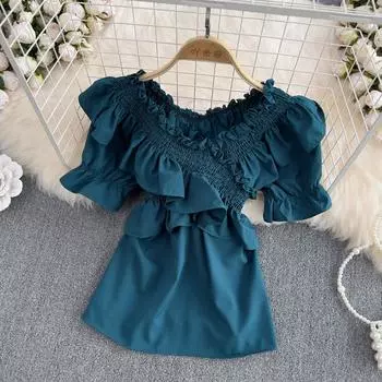 RUGOD шифоновая рубашка с открытыми плечами на одно плечо, женская летняя корейская версия 2022, сексуальный универсальный короткий топ в западном стиле с рюшами