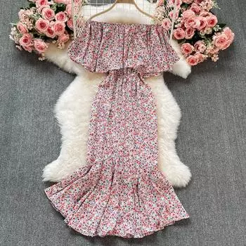 RUGOD шифоновое платье с цветочным принтом, лето 2022, новое темпераментное облегающее талию длинное платье длиной выше колена с лямкой на шее «рыбий хвост»