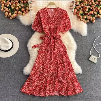 RUGOD шифоновое платье с v-образным вырезом и цветочным принтом, новинка лета 2022, легкая юбка в зрелом стиле Goddess средней длины «рыбий хвост» One Size чёрный