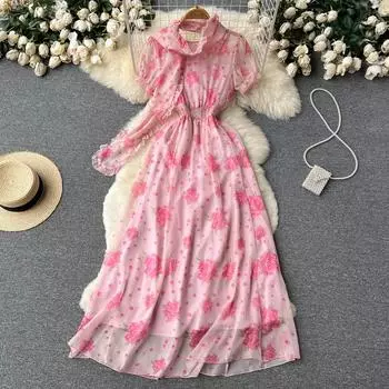 RUGOD шифоновое розовое платье с цветочным принтом во французском стиле ретро, лето 2022, новое женское пляжное платье для отдыха на берегу моря