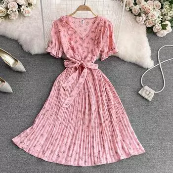 RUGOD шифоновое шифоновое платье с v-образным вырезом и цветочным принтом, тонкое плиссированное платье средней длины, маленькое свежее женское платье, лето 2022 г. One Size бежевый