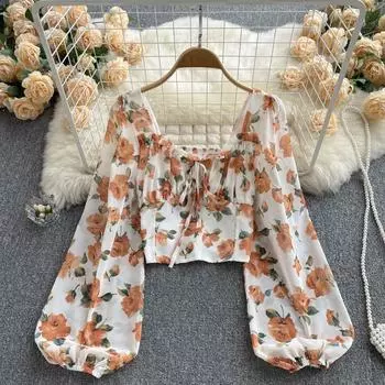 RUGOD шикарная и красивая рубашка с рукавами-фонариками и цветочным принтом, осенняя женская рубашка на шнуровке с коротким квадратным воротником