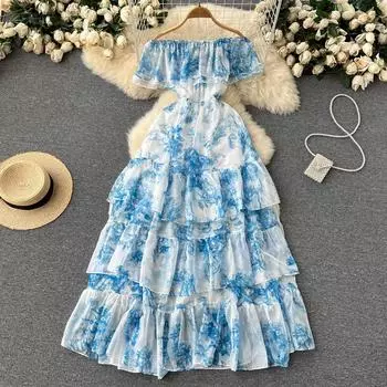 RUGOD шикарное платье с открытыми плечами с принтом холодного ветра, летнее женское платье трапециевидной формы с тонкой талией и тонким темпераментом S синий