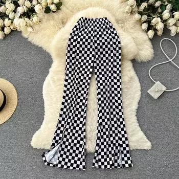 RUGOD Широкие брюки в клетку, новинка 2022 года, летние новые ниспадающие брюки с высокой талией, модные длинные брюки с разрезом и микро-рогами