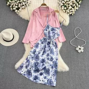 RUGOD сладкий весенне-осенний новый модный комплект из двух предметов для женщин, пиджак, милый сарафан с цветочным принтом, элегантные офисные женские платья, Vestidos