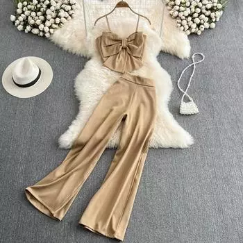 RUGOD Spice Meisjes Mode Pak Vrouwen Hoge Taille Вертикальные Rechte Kaki Wijde Pijpen Broek Tweedelige Boog Jarretel Жилет 2022 Zomer