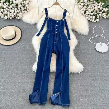 RUGOD, сплит, высокая талия, широкие джинсовые брюки на подтяжках, женские летние брюки 2022, новый тонкий комбинезон с микроподтяжками на подтяжках