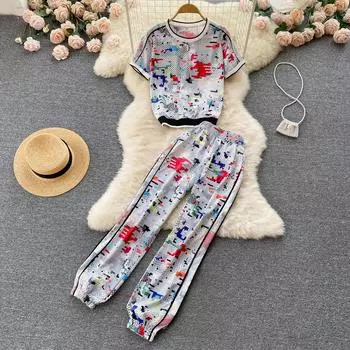 RUGOD спортивный костюм женский, лето 2022, новинка, футболка с круглым вырезом, короткими рукавами + леггинсы с высокой талией, повседневные брюки, комплект из двух предметов