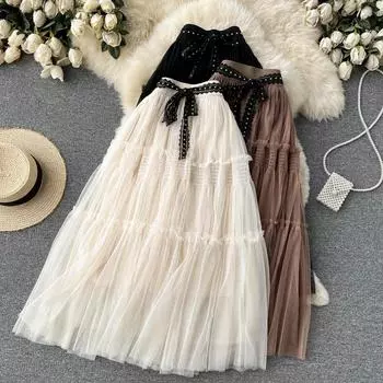 RUGOD сшитая кружевная сетчатая юбка для женщин, весенне-летняя новая корейская кружевная тонкая юбка трапециевидной формы, пышная юбка средней длины