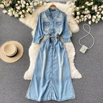 RUGOD Старое джинсовое платье в стиле ретро в гонконгском стиле, тонкое, темпераментное, с разрезом, повседневное, однобортное, уменьшающее возраст, в западном стиле, длинное платье XL синий